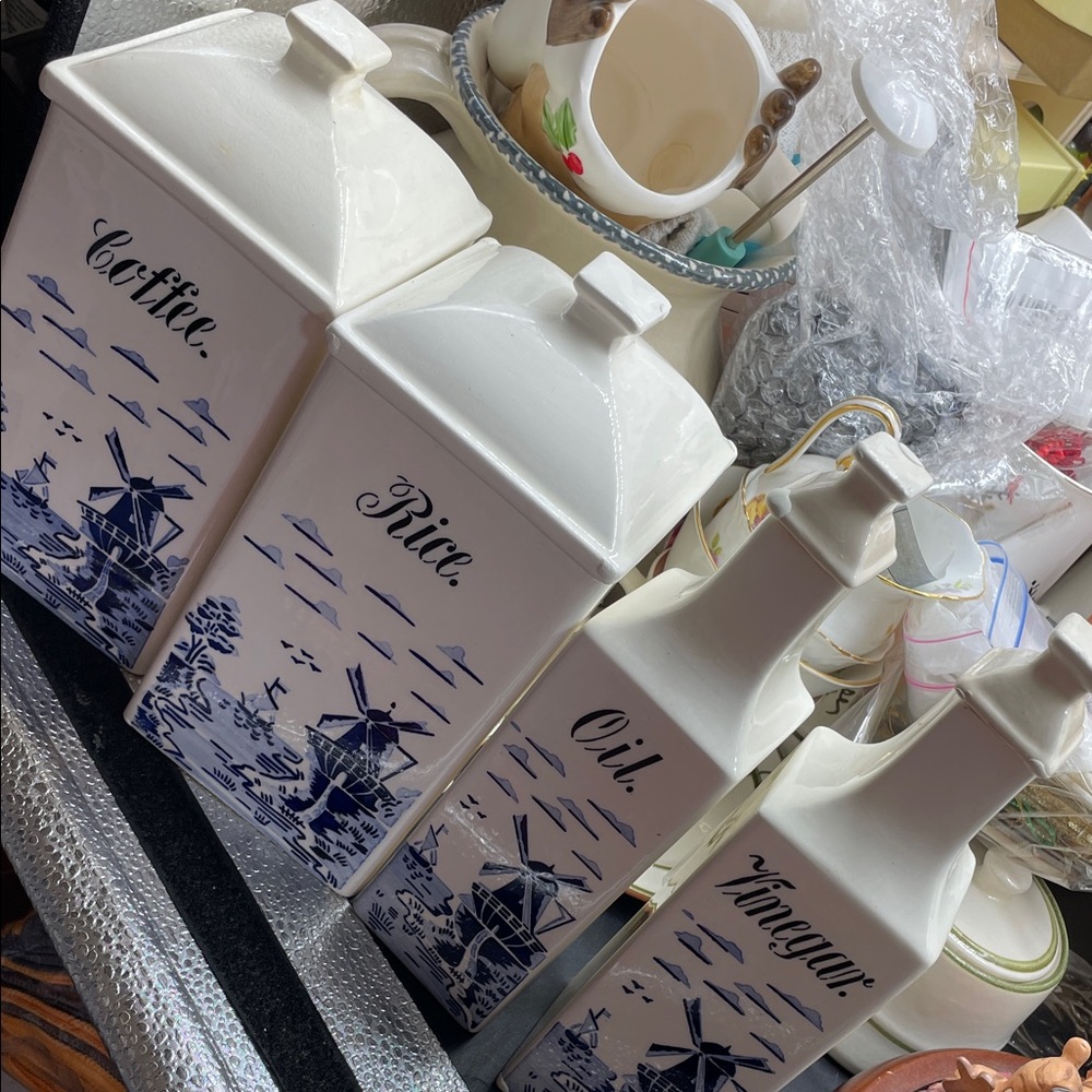 4 Vintge German Blue/White G.M.T.  canisters vinegar and oil (see photos)
